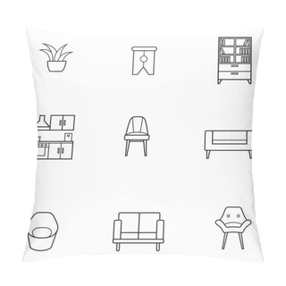 Personality  Basic Furniture Thin Line Icon Set In Minimalist Style. Black Line Sign On White Background. Kitchen, Indoor Plant, Armchair, Settee And Other Pillow Covers
