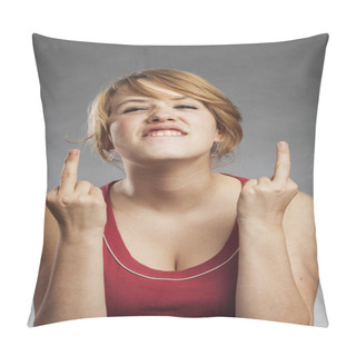 Personality  Teenage Girl In Red Tank Top Showing Obscene Gesture Against Gray Background Pillow Covers