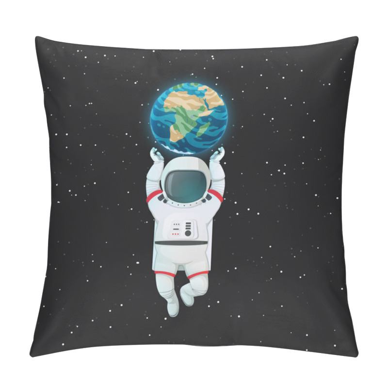 Personality  Astronaut flying with arms raised supporting planet Earth with dark space and stars in the background. Environmental protection, eco concept. Vector poster. pillow covers