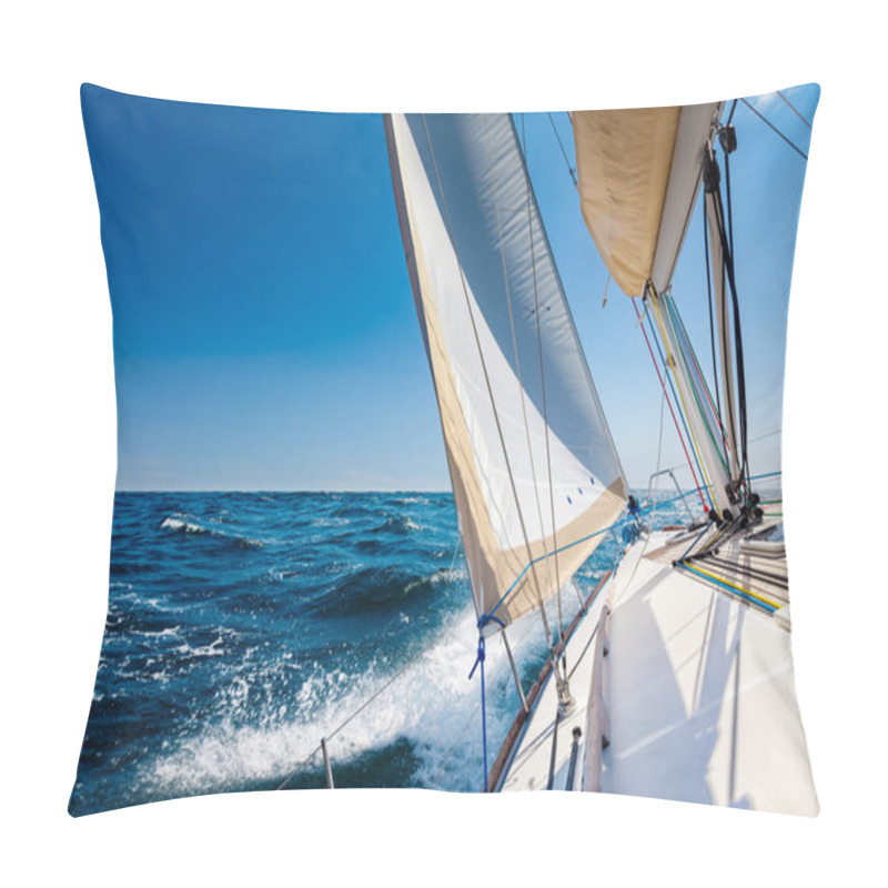 Personality  White sailing boat at open sea in sunshine pillow covers