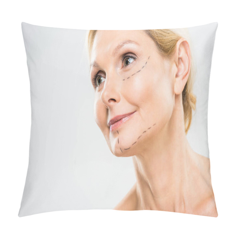 Personality  Beautiful And Middle Aged Woman With Lines On Face Looking At Camera On Grey Background  Pillow Covers