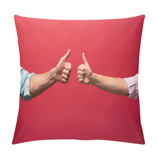 Personality  Partial View Of Couple Showing Thumbs Up, Isolated On Red Pillow Covers