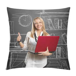 Personality  Female With Laptop Shows Well Done Pillow Covers