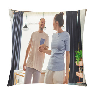 Personality  Smiling Bearded Man In Homewear Holding Hand Of Girlfriend While Spenging Time Together At Home Pillow Covers
