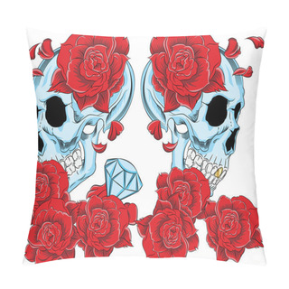 Personality  Ilustration Vector Of Skull With Roses. Pillow Covers