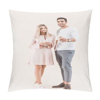 Personality  Young Couple Holding Paper Cups And Smiling At Camera Isolated On Beige Pillow Covers
