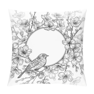 Personality  Floral Vintage Card With Japanese Cherry And Bird. Pillow Covers