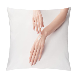 Personality  Partial View Of Woman Applying Cosmetic Cream On White Background Pillow Covers