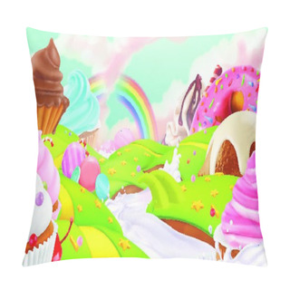 Personality  Cupcake, Fairy Cake. Sweet Landscape, 3d Vector Background Pillow Covers