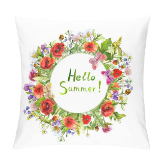 Personality  Spring Flowers, Wild Grass, Meadow Butterflies. Summer Floral Wreath. Watercolor Pillow Covers