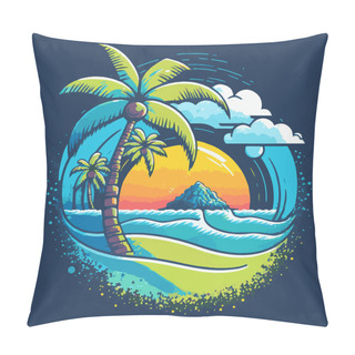Personality  Tropical Island Palms Logo Beach Travel Retro Postcard Sea Sand Ocean Summer Vacation Sunset Pillow Covers