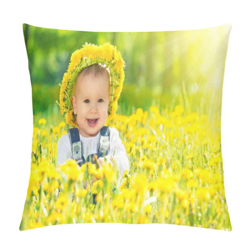 Personality  happy baby girl in a wreath on meadow with yellow flowers on t pillow covers