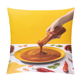 Personality  Cropped View Of Woman Holding Ketchup Beside Spaghetti And Chili Peppers On White Surface Isolated On Yellow Pillow Covers