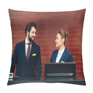 Personality  Hotel Receptionists Looking At Each Other By Counter Pillow Covers