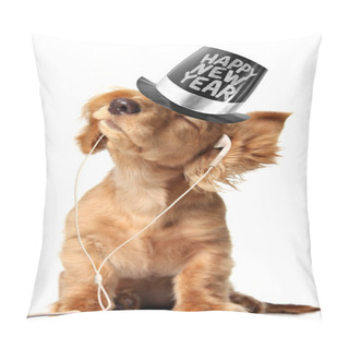 Personality  Young Longhair Dachshund Puppy Listening To Music On A Head Set And Wearing A Happy New Year Top Hat.  Pillow Covers