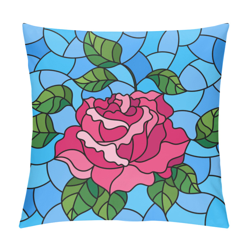 Personality  Illustration in stained glass style with a bright pink rose flower on a blue background, rectangular image pillow covers