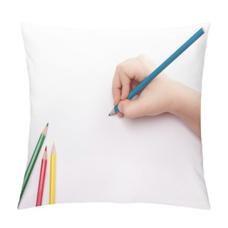 Personality  Child Hand Draws A Blue Pencil. White-gray Background Above View. Pillow Covers