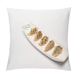 Personality  Delicious Gyoza Served On Plate On White Background Pillow Covers