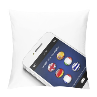 Personality  Mobile Phone With Language Learning Application Over White Pillow Covers