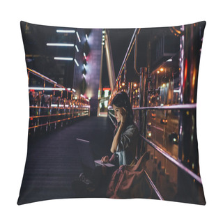Personality  Side View Of Woman Listening Music In Headphones While Using Laptop On City Street At Night Pillow Covers