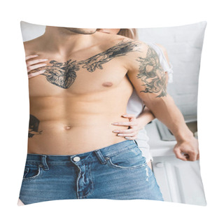 Personality  Cropped View Of Woman Touching Chest Of Muscular Tattooed Boyfriend In Kitchen  Pillow Covers
