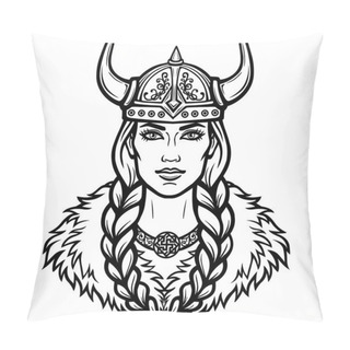 Personality  Portrait Of The Beautiful Young Woman Valkyrie. Pagan Goddess, Mythical Character. Linear Black The White Drawing. Vector Illustration Isolated On A White Background. Pillow Covers