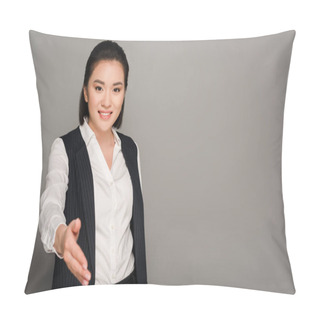 Personality  Smiling Young Businesswoman Giving Hand On Grey Background Pillow Covers