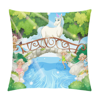 Personality  Unicorn And Fairies In Fantasy Forest Illustration Pillow Covers