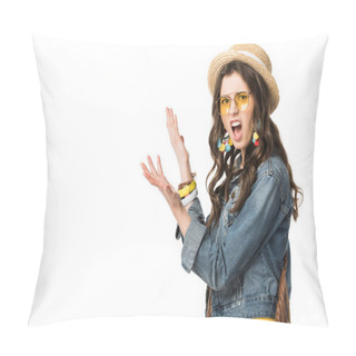 Personality  Irritated Boho Girl In Boater And Denim Jacket Gesturing Isolated On White Pillow Covers