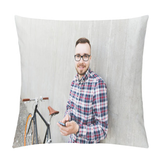 Personality  Hipster Man In Earphones With Smartphone And Bike Pillow Covers