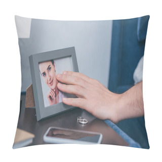 Personality  Cropped View Of Man Touching Photo Frame With Picture Of Woman Near Wedding Rings And Smartphone Pillow Covers