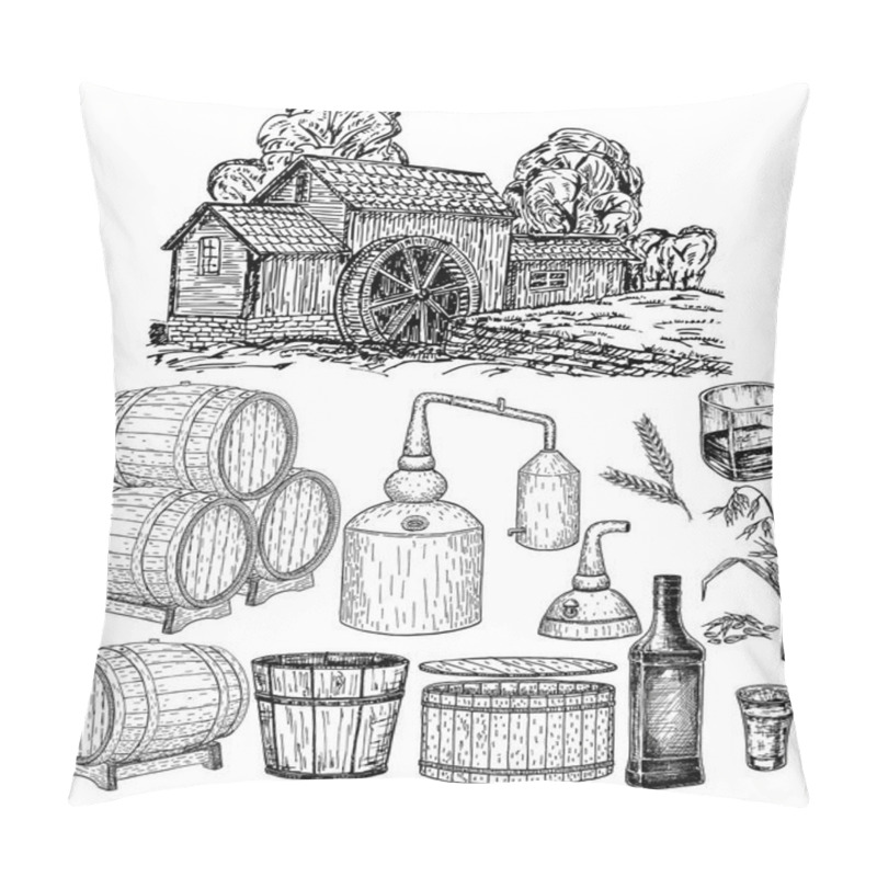 Personality  Distillery. Vector Hand Drawn Whisky Production Elements. Whiskey Production Process. Making Alcohol Inside Distillery, Destilling Spirits Sketch. Distillery Big Set. Wooden Barrel With Whiskey.  Pillow Covers