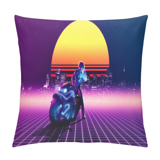Personality  Retrowave Concept - Futuristic Biker Watching Phone On A Abstract Landscape - 3d Rendering Pillow Covers