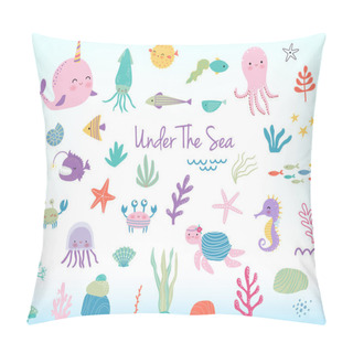 Personality  Cute Cartoon Sea Animals And Plants. Vector Illustration Pillow Covers