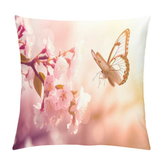 Personality  Spring Background With Pink Blossom And Fly Butterfly. Beautiful Nature Scene With Blooming Tree And Sun Flare Pillow Covers
