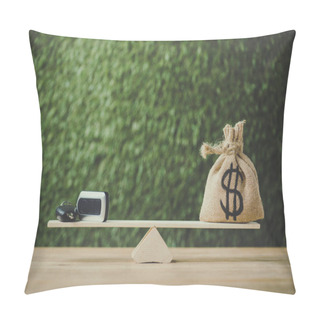 Personality  Money Bag With Dollar Sign And Car Key Balancing On Seesaw On Green Background Pillow Covers