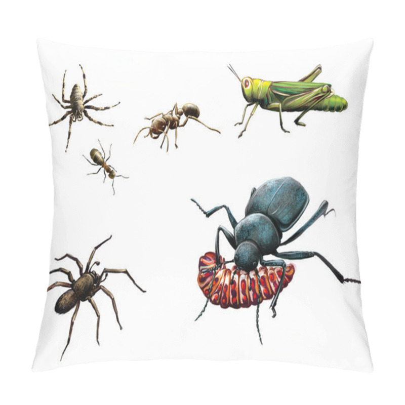 Personality  Insects: bee, ants, ground beetle eating caterpillar, bug and yellow meadow flowers pillow covers