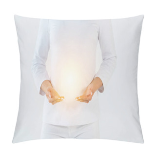 Personality  Cropped View Of Healer Standing And Gesturing Near Light Isolated On White  Pillow Covers