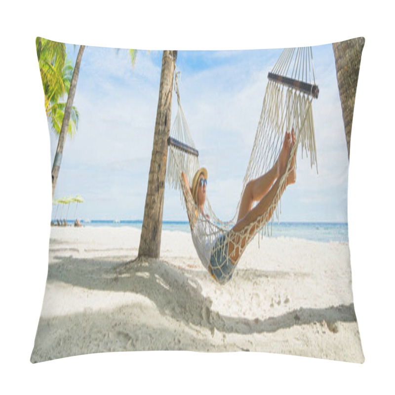 Personality  Woman in hat relaxing on hammock on the beach. Travel and vacation concept. Banner edition. pillow covers