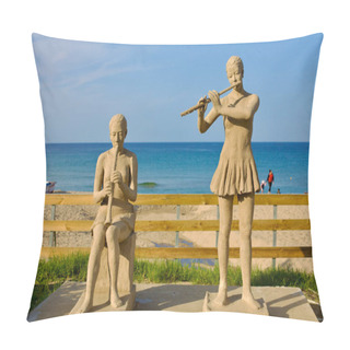 Personality  Yangyang County, South Korea - July 30th, 2019: Stone Sculptures Of Young Women Playing A Flute And A Recorder Grace Dongho Beach, With Blue Waters In The Background, A Boat Resting On The Sandy Shore, All Under The Glow Of Sunset. Pillow Covers