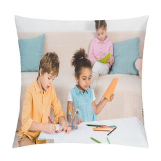 Personality  Adorable Multiethnic Kids Drawing And Studying Together  Pillow Covers
