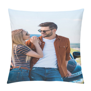 Personality  Smiling Stylish Couple In Sunglasses Standing Near Car  Pillow Covers