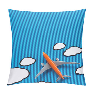 Personality  Top View Of Toy Plane And Paper Clouds On Blue Backdrop, Trip Concept Pillow Covers