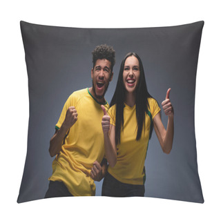 Personality  Cheerful Multiethnic Couple Of Football Fans In Yellow T-shirts Showing Thumbs Up On Grey Pillow Covers
