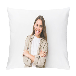 Personality  Young Caucasian Woman  Isolated Who Feels Confident, Crossing Arms With Determination. Pillow Covers