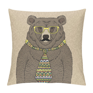 Personality  Hipster Bear In Tie And Glasses With Mustache Pillow Covers