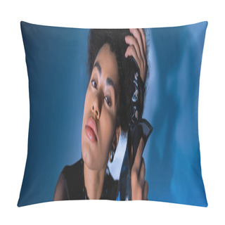 Personality  Stylish African American Woman In Lace-up Leather Sleeves Posing On Blue, Banner Pillow Covers