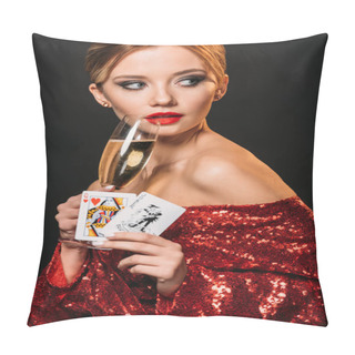 Personality  Attractive Girl In Red Shiny Dress Holding Joker And Queen Of Hearts Cards, Drinking Champagne Isolated On Black Pillow Covers