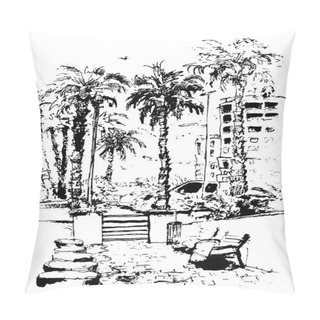 Personality  Vector Downtown With Street And Buildings Of Miami City In Florida. Ink Splash With Hand Drawn Sketch Illustration In. Retro Silhouettes Of Palm Trees. Pillow Covers