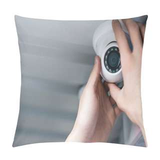 Personality  Cropped View Of Man Setting Up Security Camera Pillow Covers